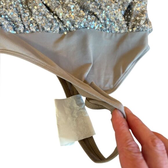 Express Silver Gold Sequin Bodysuit Fuax Wrap Adjustable Straps Womens Small NWT - Picture 6 of 14
